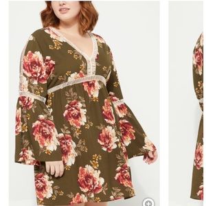 Olive Floral Crochet Trim Dress